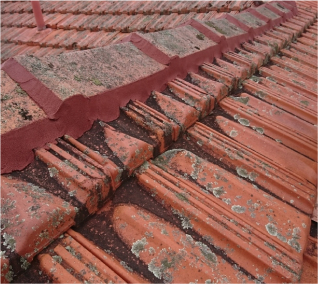 Picture of a red roof with red dust on it with blemishes