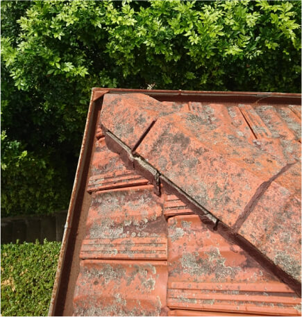 Photo of a red brick roof with blemishes with trees on the background