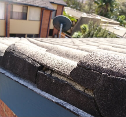 Photo of an old stone roof with cracks in it showing a blurred house in the background